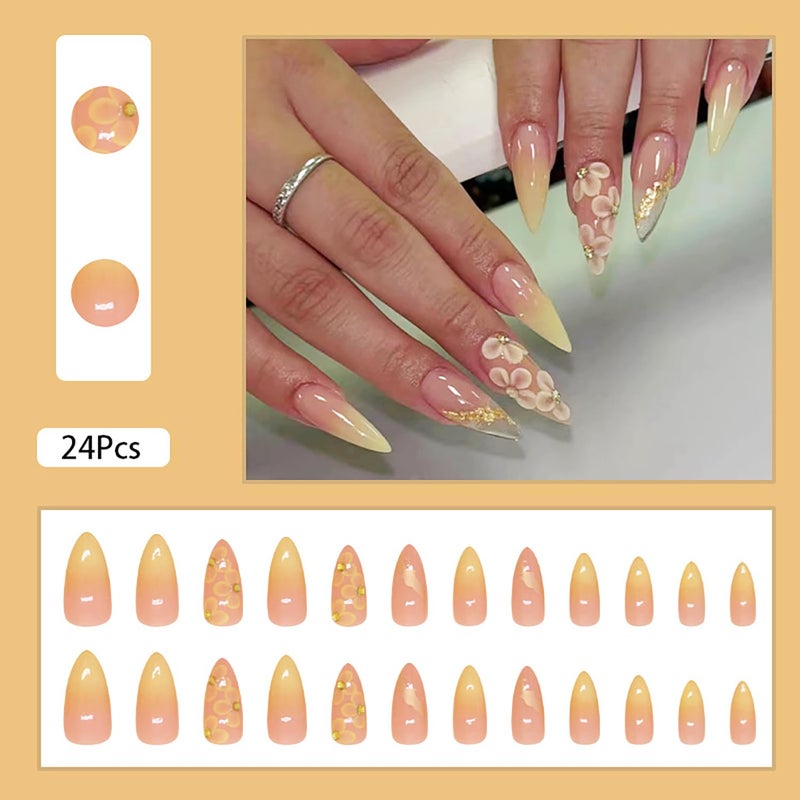 ASABITE 24 Pcs Almond Press on Nails Medium Fake Nails with Glue Artificial False Nails with 3D Flower Charms Design Acrylic Nails Press ons Stiletto Nail Tips Summer Glue on Nails Stick on Nails for Women - Image 2